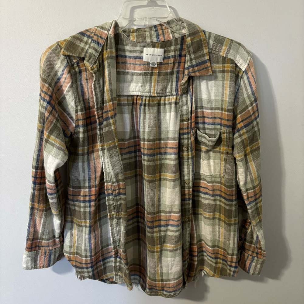 American Eagle Outfitters Green Spring Distressed Plaid Flannel